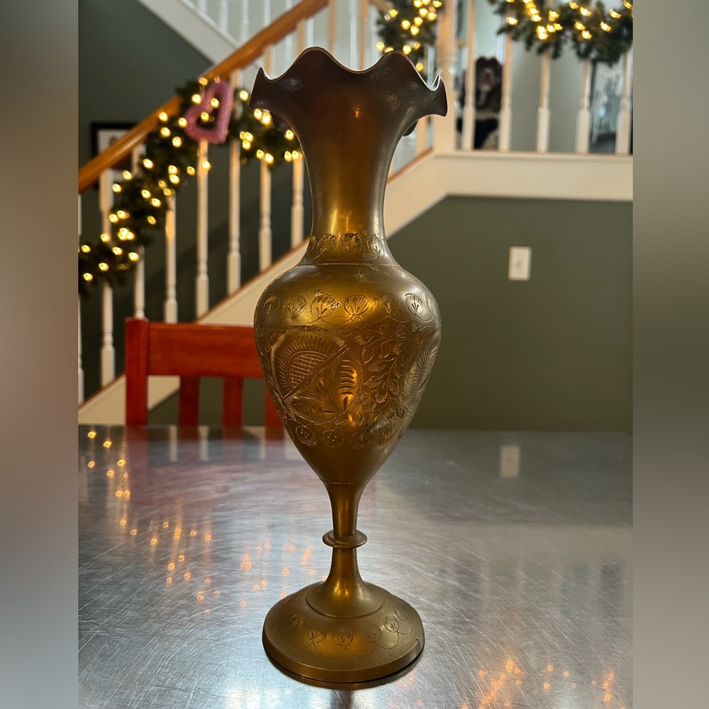 Vintage Bronze Metal Etched Bud Vase Made In India